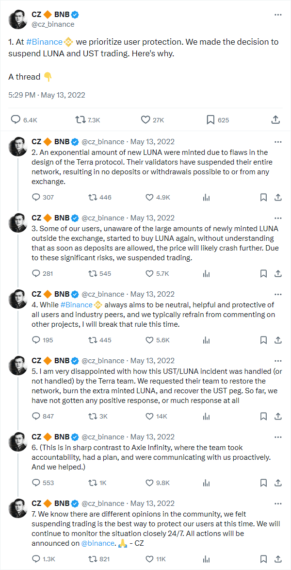 At #Binance we prioritize user protection. We made the decision to suspend LUNA and UST trading. Here's why