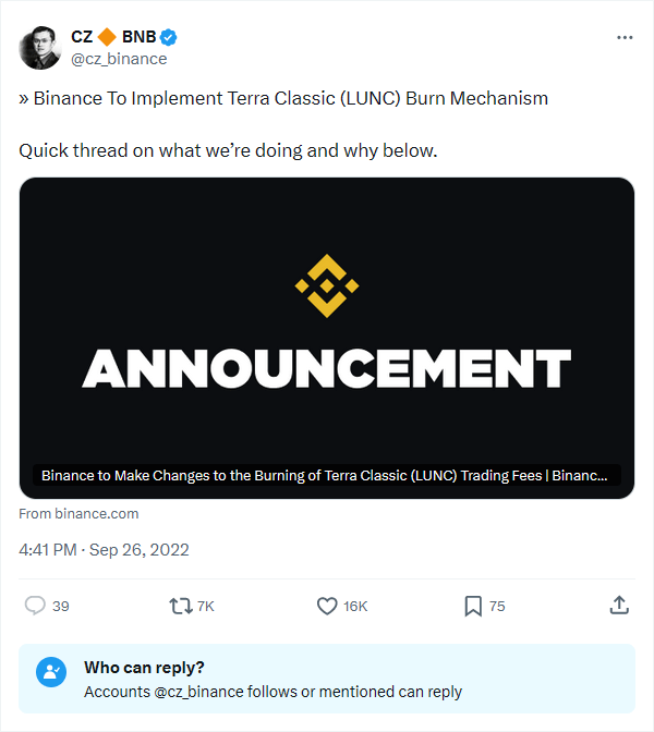 Binance To Implement Terra Classic (LUNC) Burn Mechanism