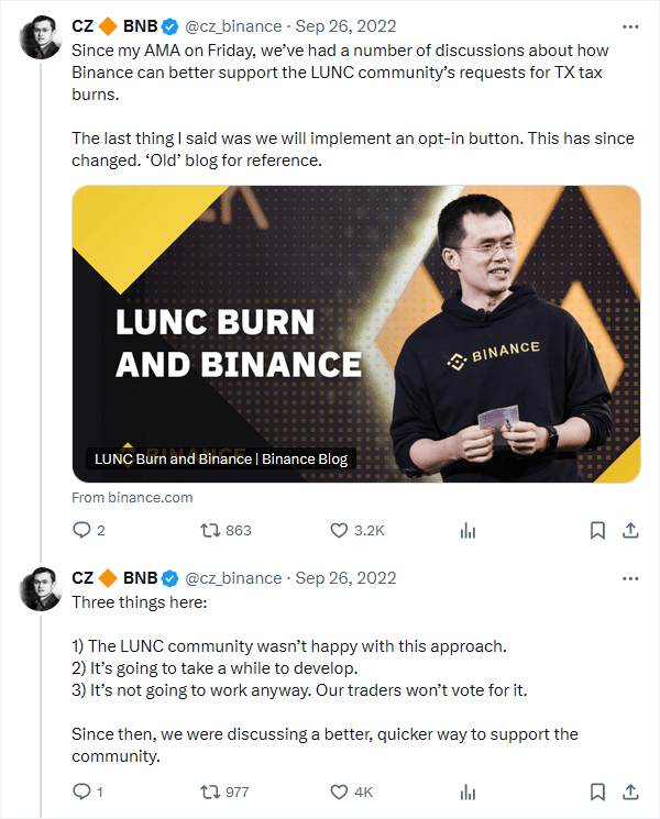 Since my AMA on Friday, we’ve had a number of discussions about how Binance can better support the LUNC community’s requests for TX tax burns.