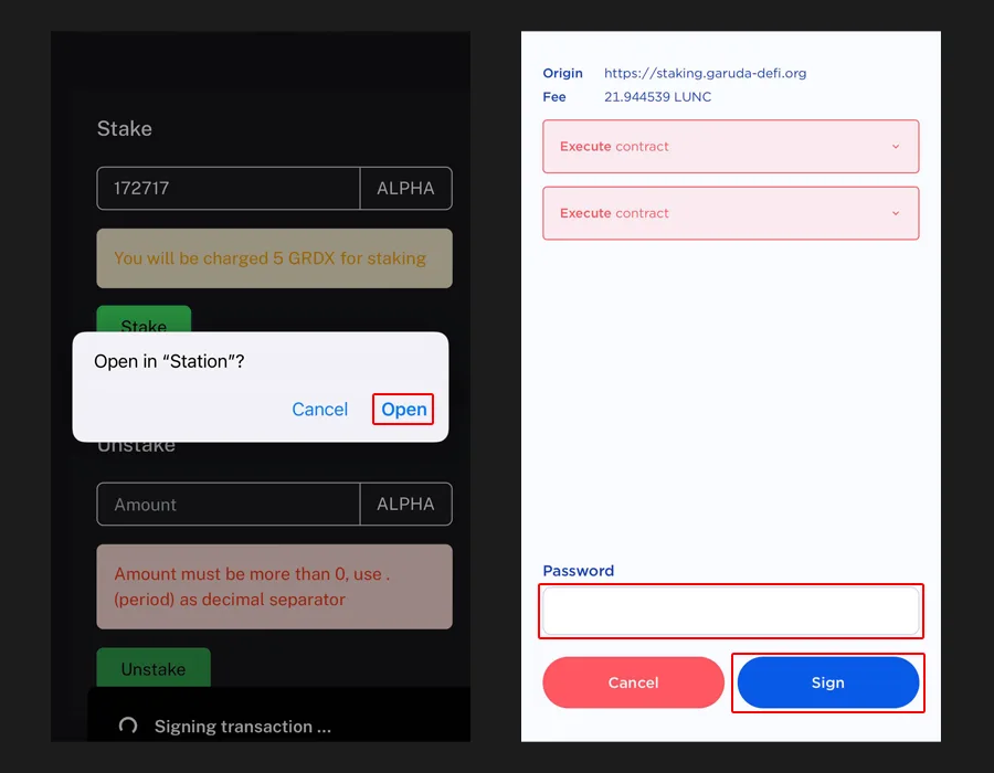 Input amount and sign transaction